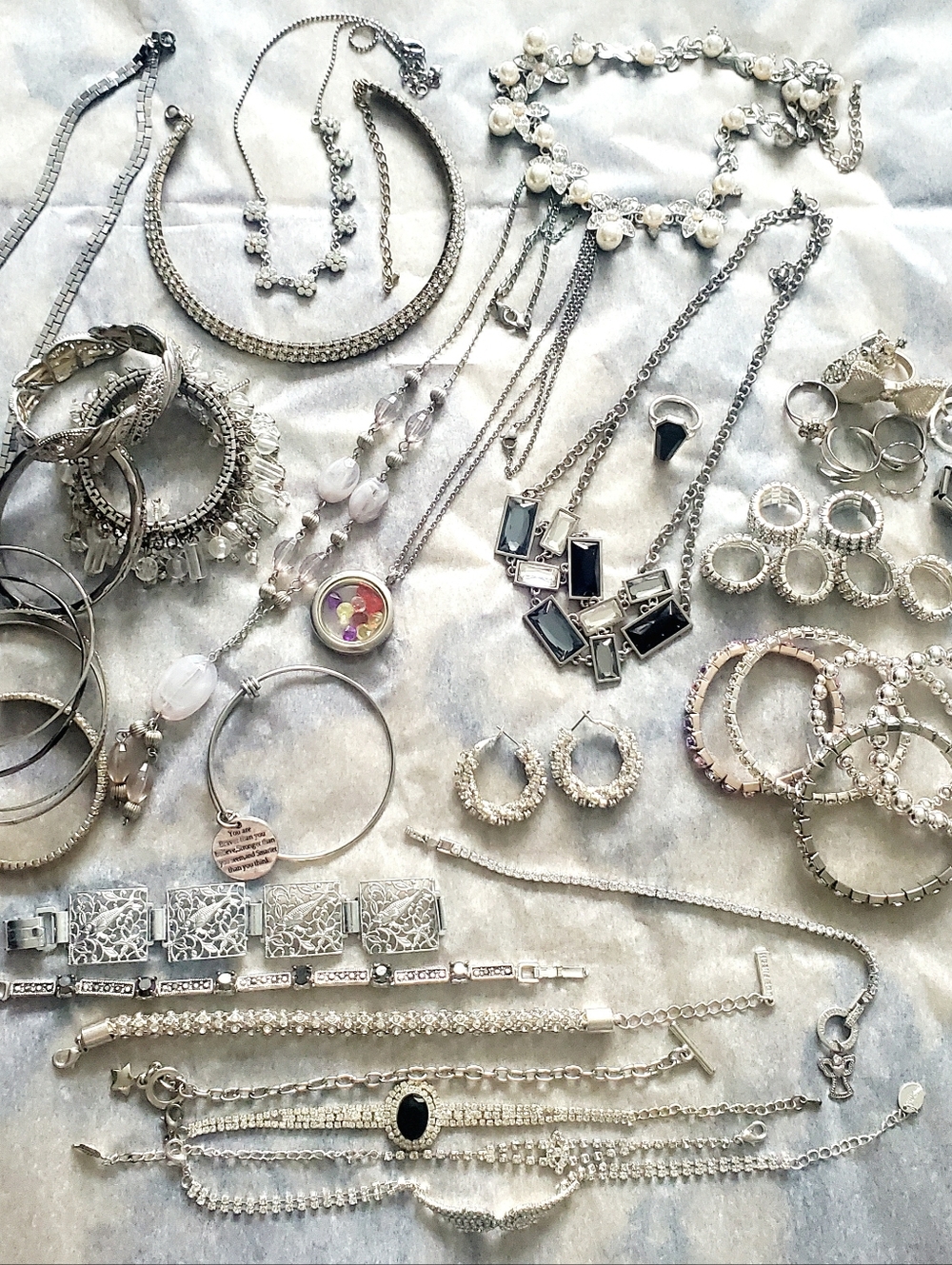 Large Lot of Wearable Silver-Tone & Rhinestone Mixed Jewelry Black & Glitzy Glam